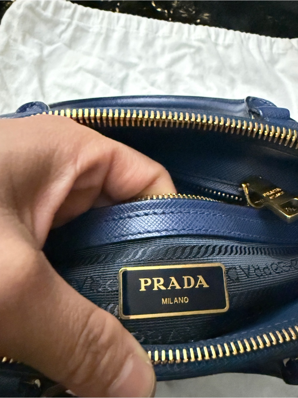 Prada Navy Saffiano Leather Double-Handle Satchel with Gold Hardware - Picture 15 of 16